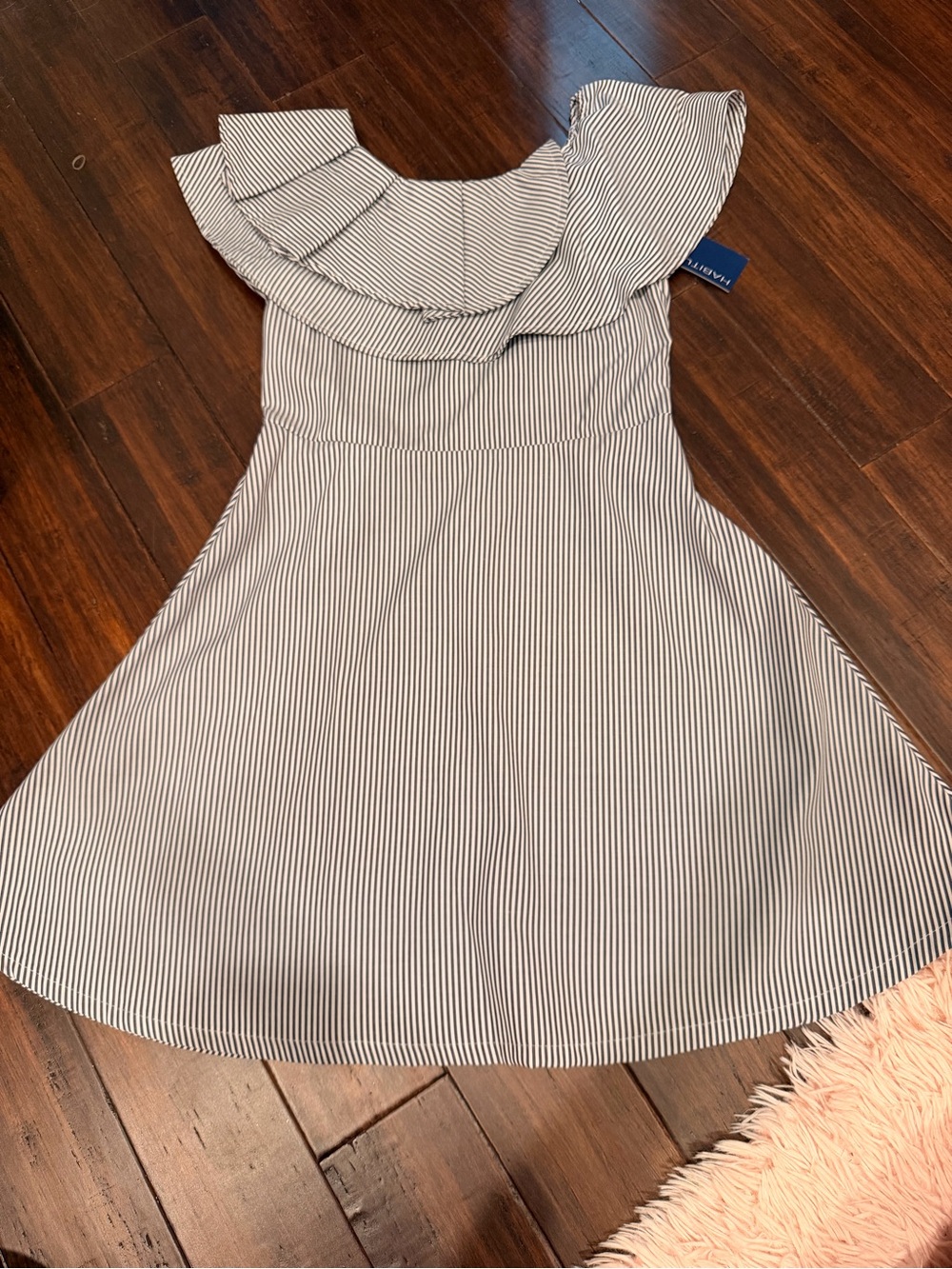 Habitual Navy and White Pinstripe Ruffle Dress